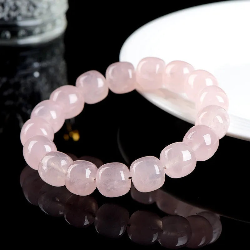 Natural crystal bamboo barrel bead bracelet with geometric 11x12mm beads in pink