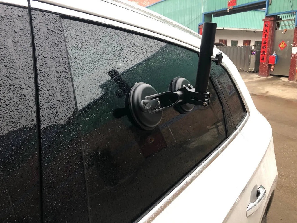 Black car flagpole glass sucker base with round rubber suction cup and ABS construction