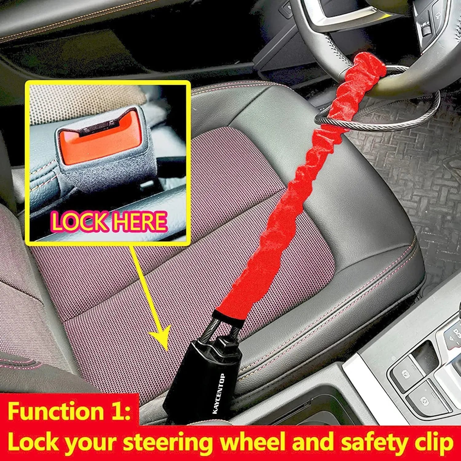Red iron wire rope car steering wheel lock with key for General Motors vehicles.