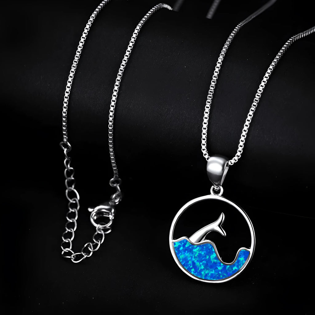 White gold electroplated copper sea fishtail necklace with geometric round pendant design
