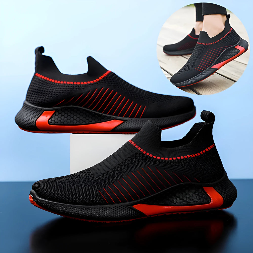 Men's striped mesh sock shoes with lace-up front and flat heel design