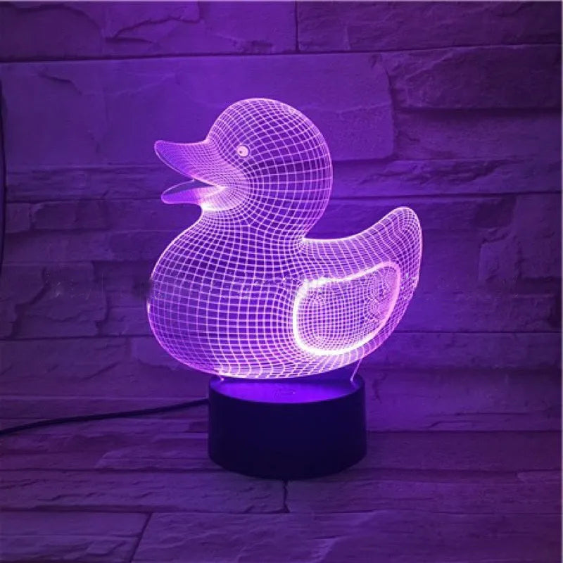 Little yellow duck 3D acrylic night light with remote control on an ABS base, showing multiple colour options.