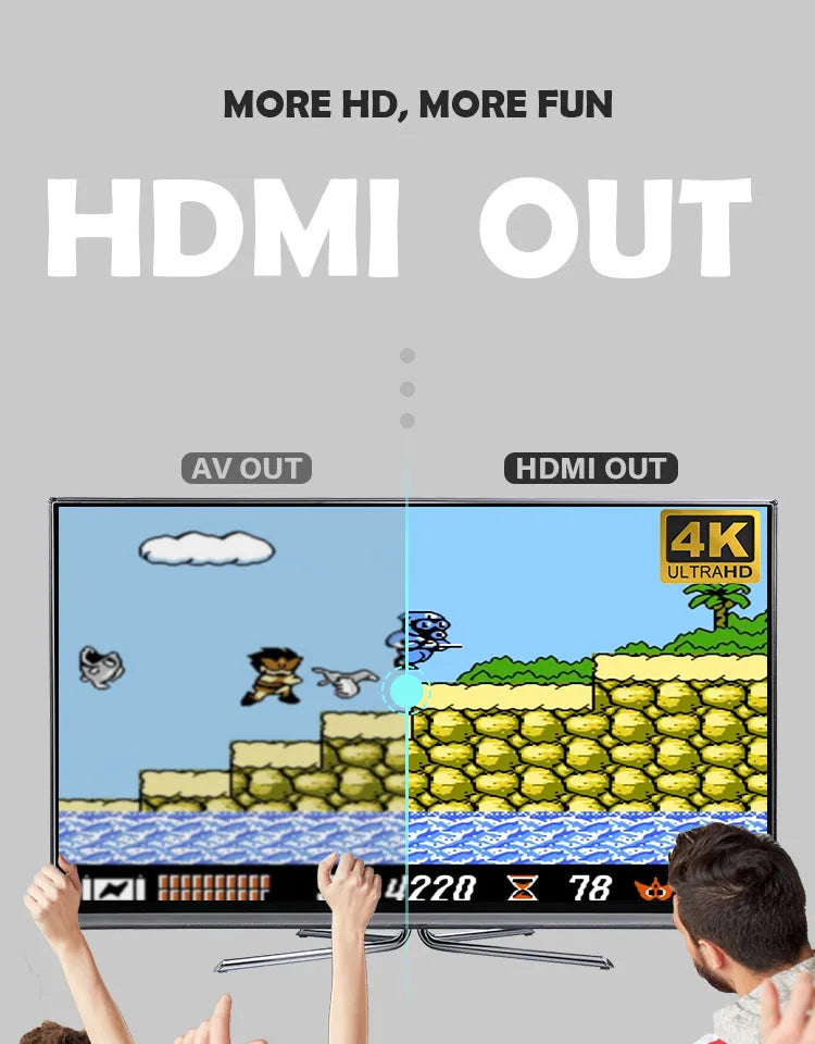 Black HD TV game console with wireless controller and USB cable on a table, showing built-in classic games