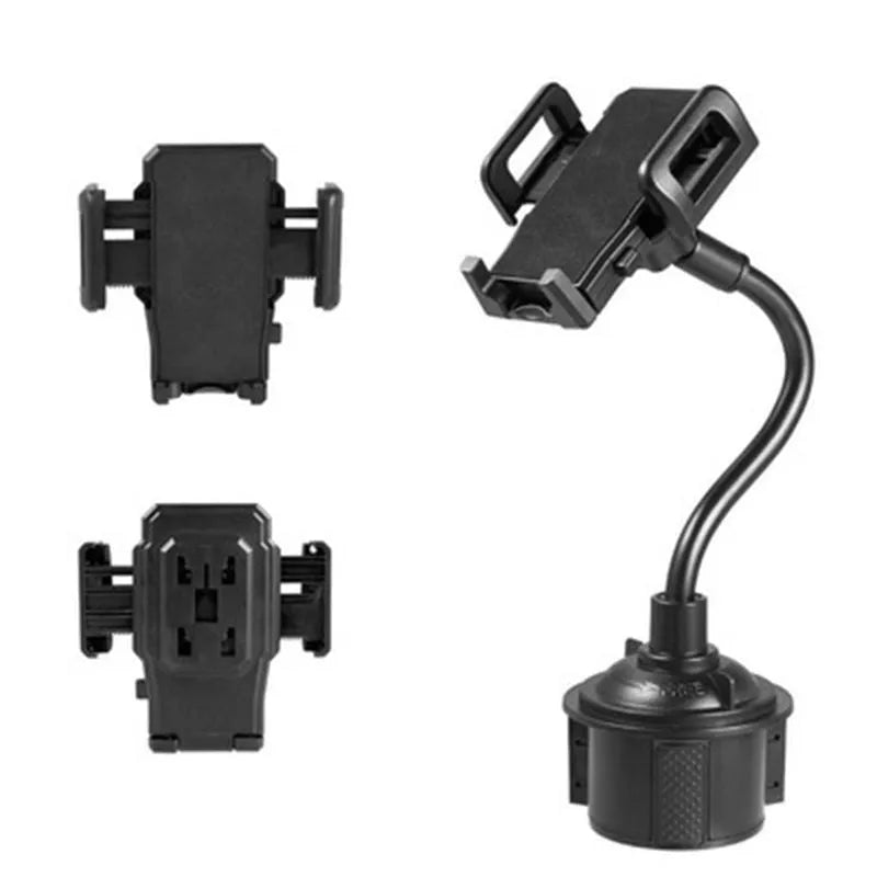 Black car-mount phone bracket with adjustable side handles showing 360-degree rotation and vent clip attachment