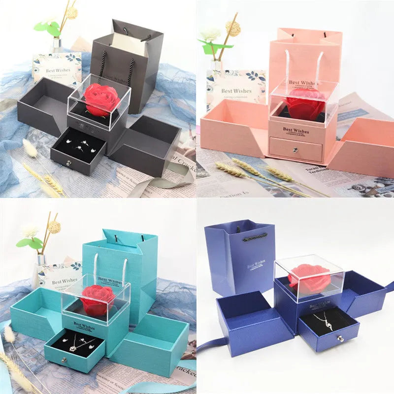 Valentine's Day plastic eternal rose jewellery gift box in blue green grey pink colour options