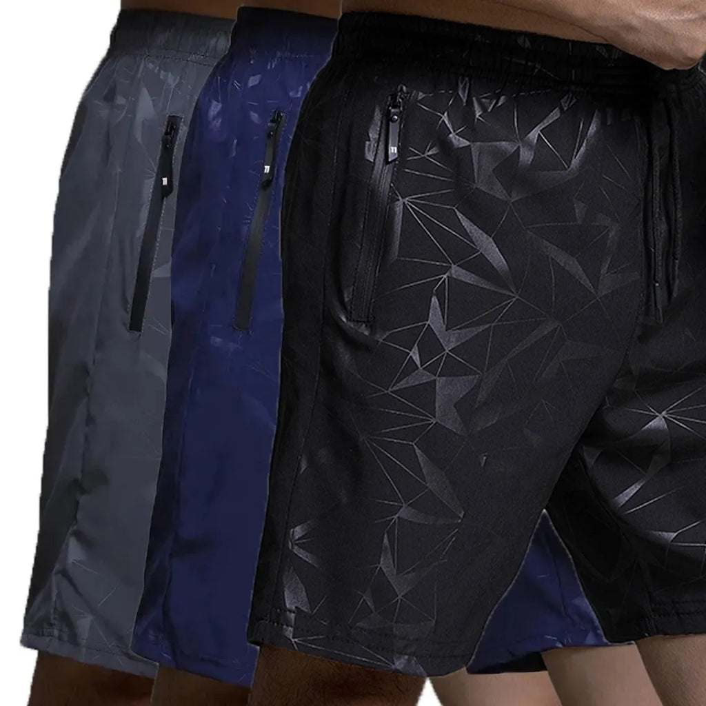 Men's loose-fit polyester sports shorts in blue colour showing elastic waistband and standard length cut