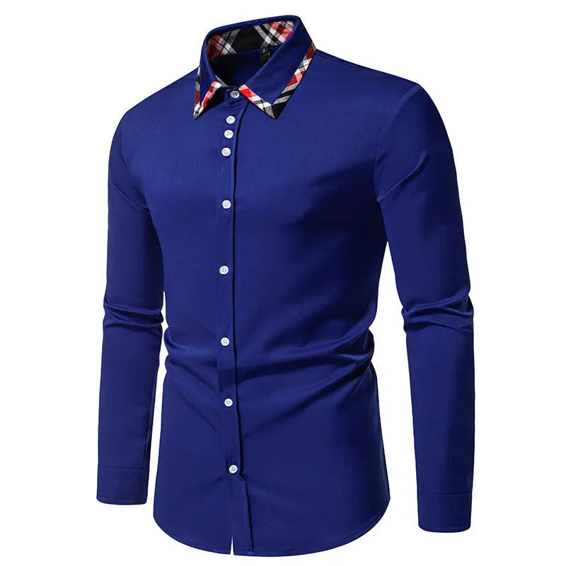 Men's plaid contrast colour triangle collar long sleeve casual shirt