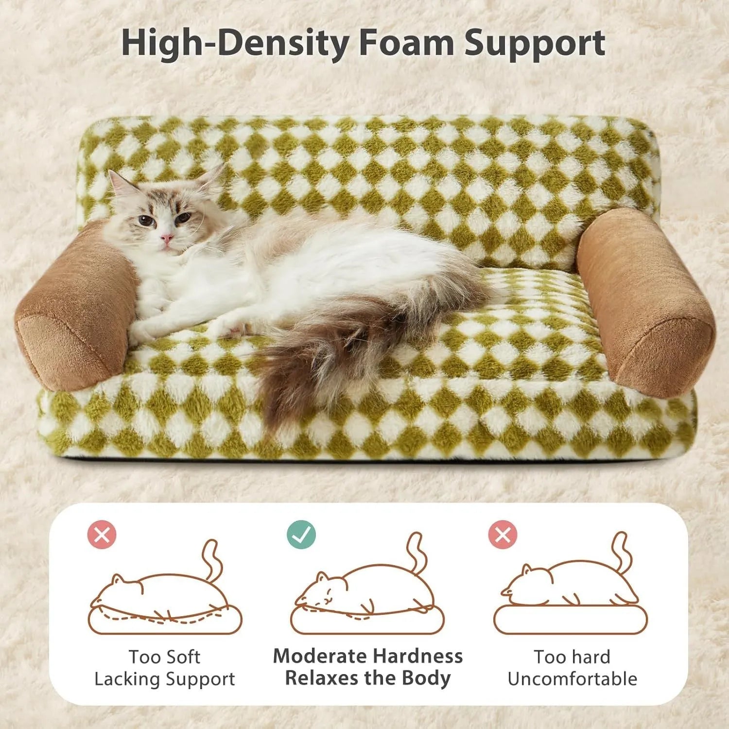 Checkered pet couch bed for cats and small dogs with a non-slip bottom, shown in three available sizes.