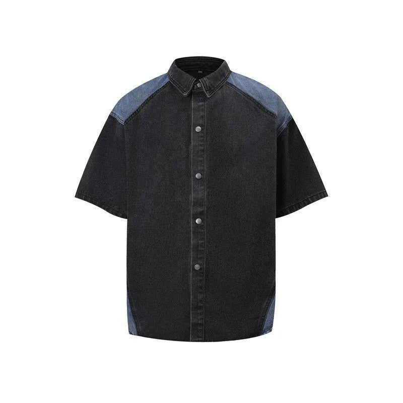 Retro denim suit with short-sleeved jacket and trousers in a washed finish.