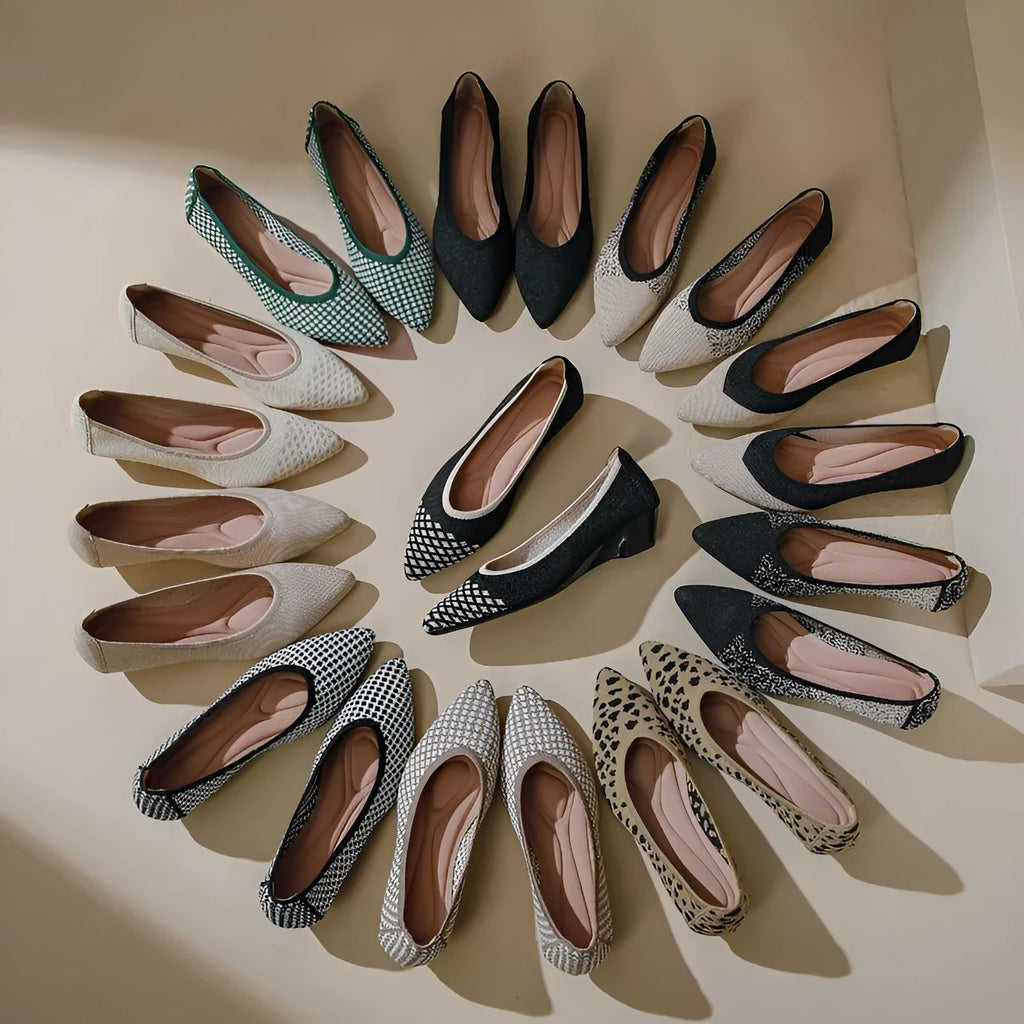 Women's pointed toe wedge pumps with flyknit mesh upper in leopard print and apricot colours