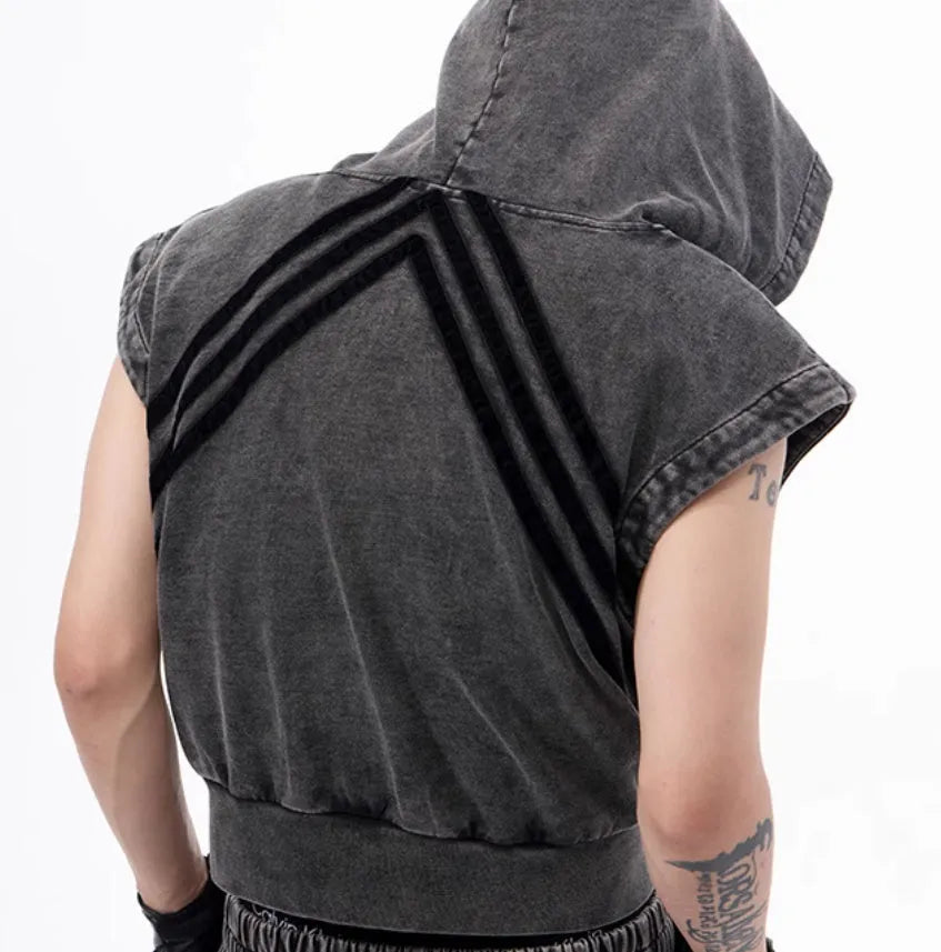 Korean style sleeveless hooded vest and matching trousers two-piece set in black/grey or yellow