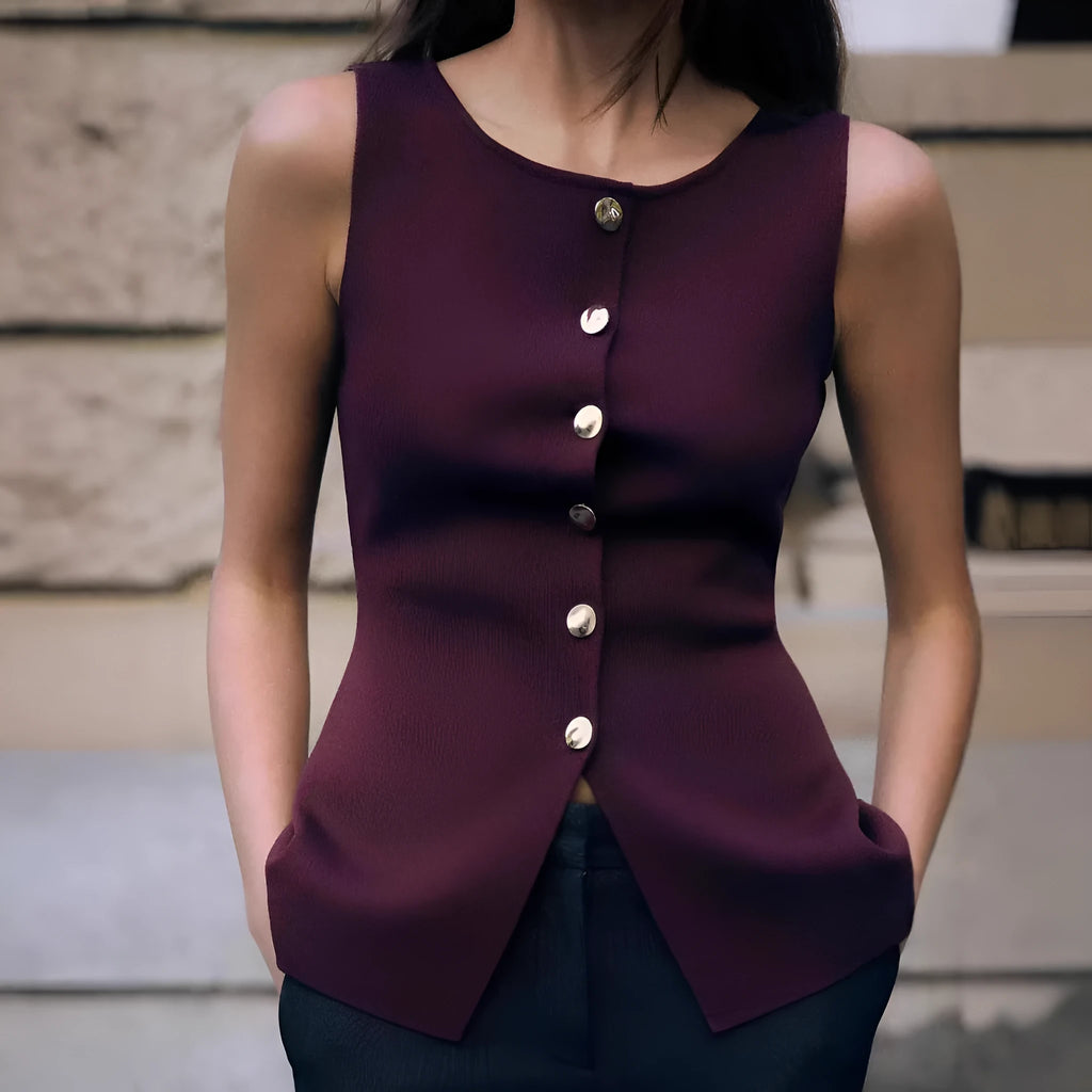 Dark red slim-fit sleeveless vest with gold buttons and textured 3D pattern fabric.