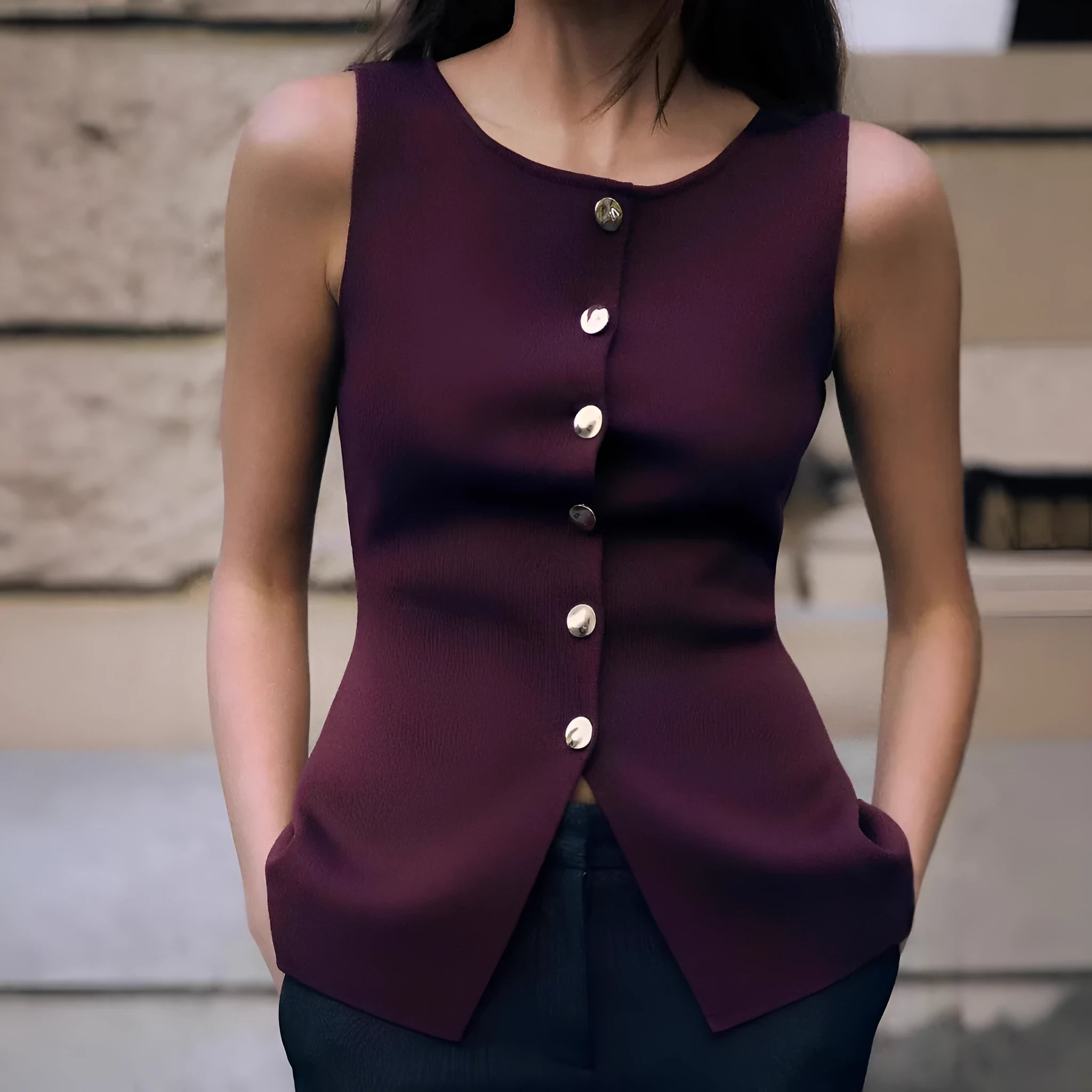 Dark red slim-fit sleeveless vest with gold buttons and textured 3D pattern fabric.