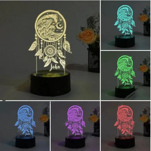 Modern acrylic dream catcher night light with USB power and remote control on table