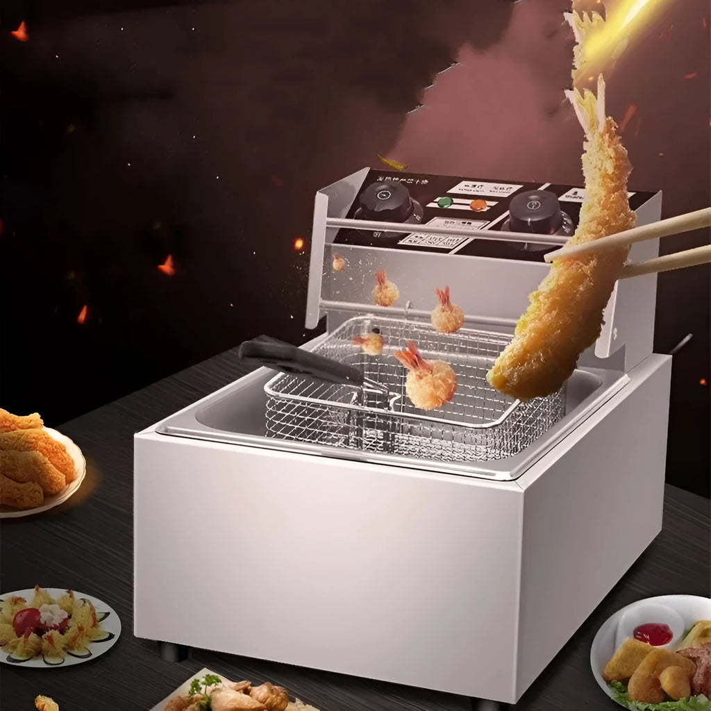 Commercial stainless steel deep fryer with large oil tank, temperature control dial, two frying baskets, and lid