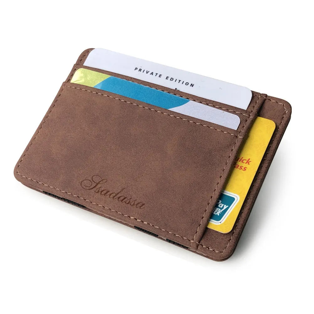 Korean style matte leather magic wallet in horizontal square shape showing coin pocket and sewn detailing.