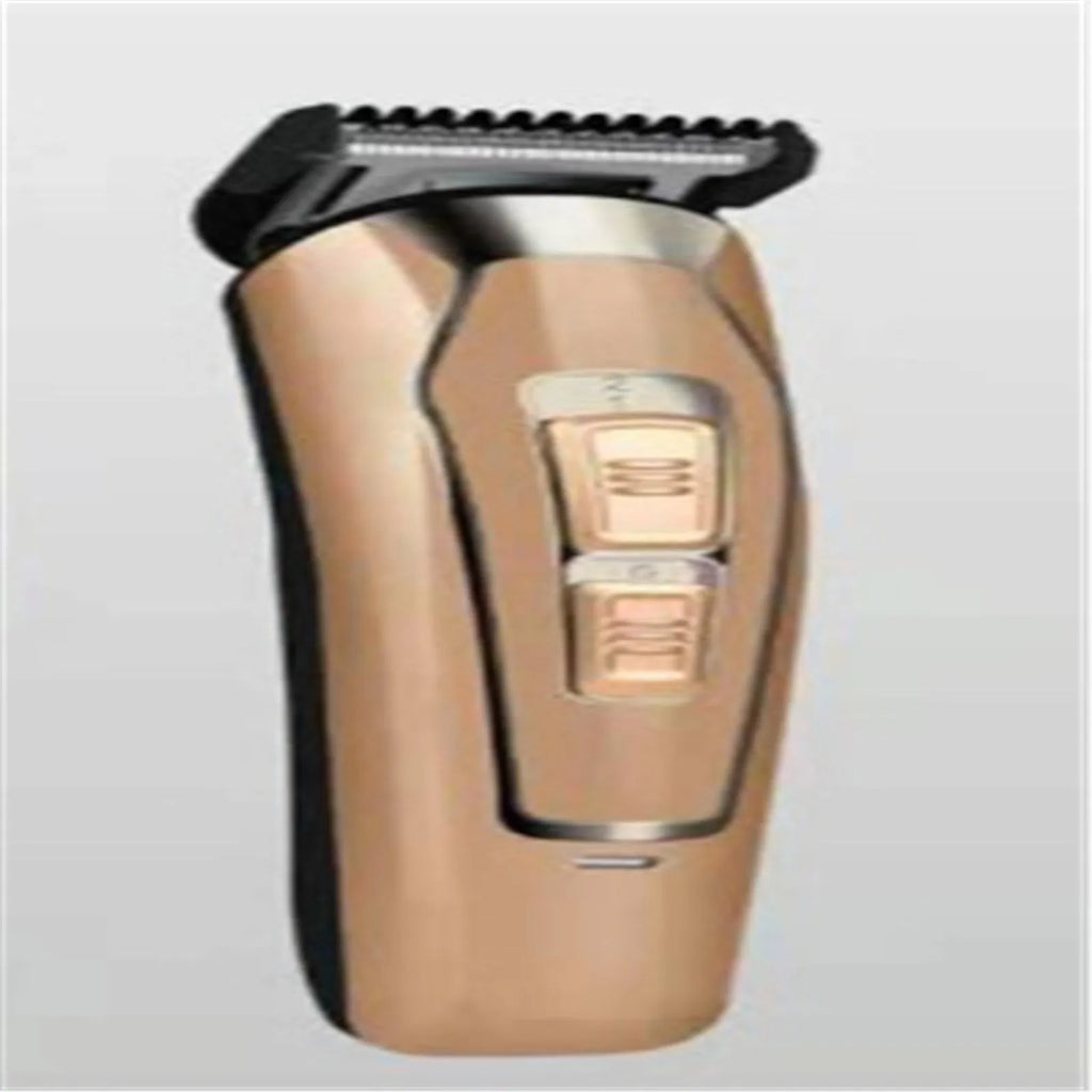 Dark blue rechargeable electric hair clipper with stainless steel blades on white background