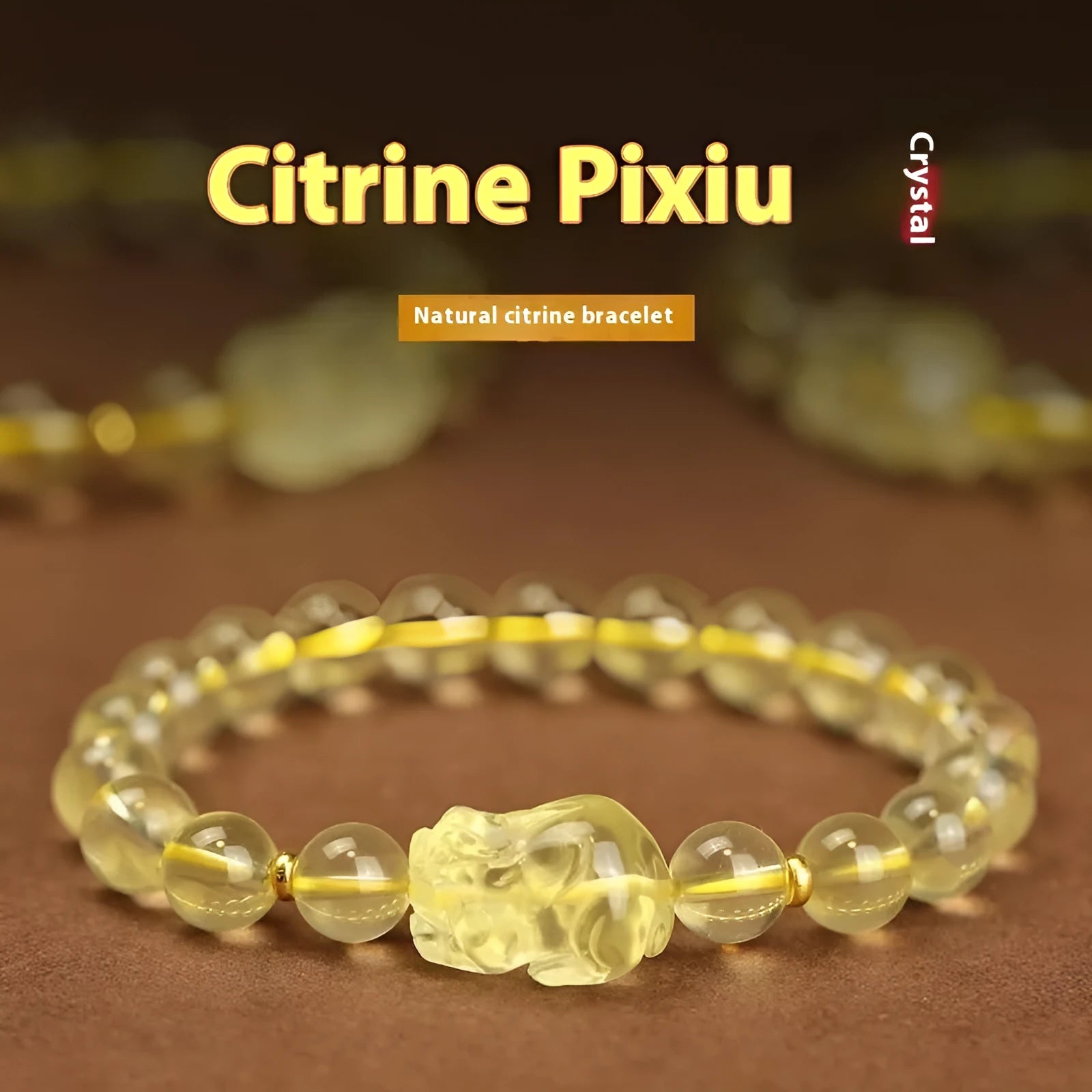 Yellow artificial crystal Pi Xiu bracelet with leather strap in Chinese national style.