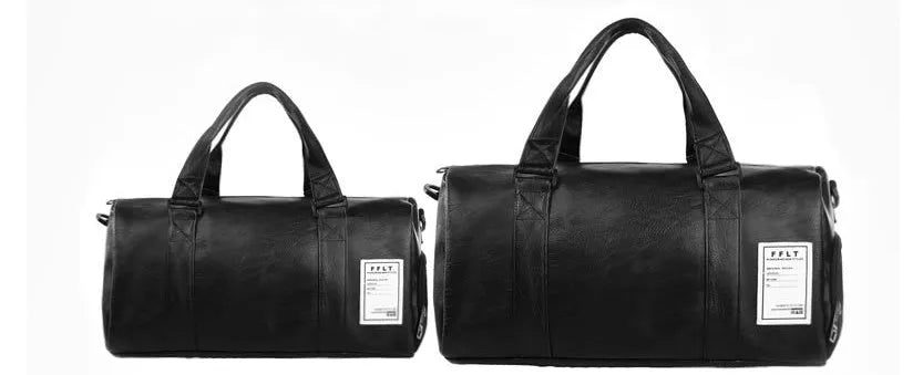 Black waterproof sports fitness bag with a separate shoe compartment, shown in two size options.