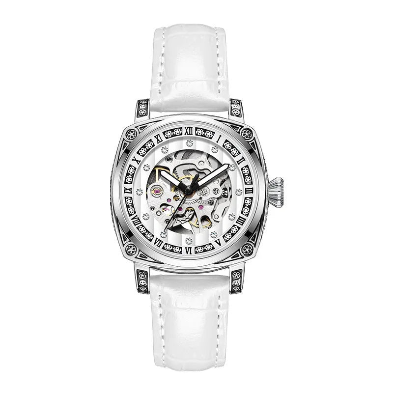 Mechanical watch with luminous hands on a leather strap, shown in black, red, steel, and white colour variants.