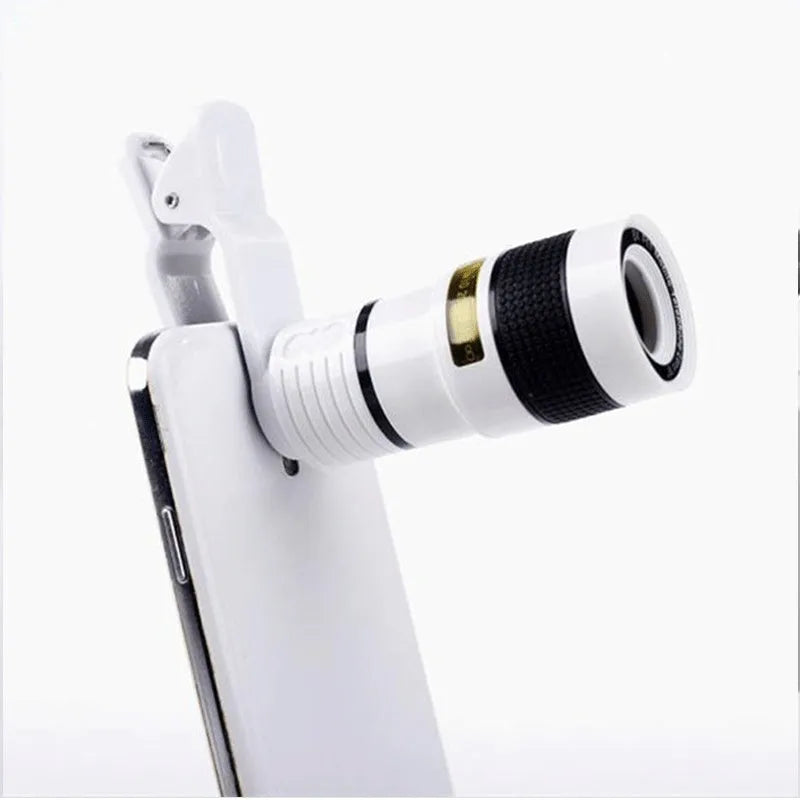 Black 12X phone telescope lens with mounting clip on a mobile phone