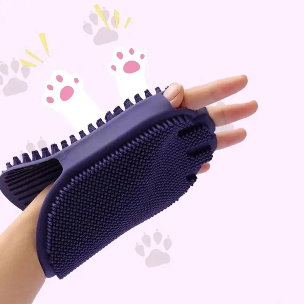Purple dual-sided pet shampoo massage brush with soft TPR bristles and ergonomic handle.