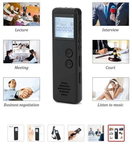 Black digital voice recorder with screen and built-in microphone for MP3 recording.