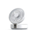 White portable rechargeable folding fan with remote control and night light shown in desktop and wall-mounted positions