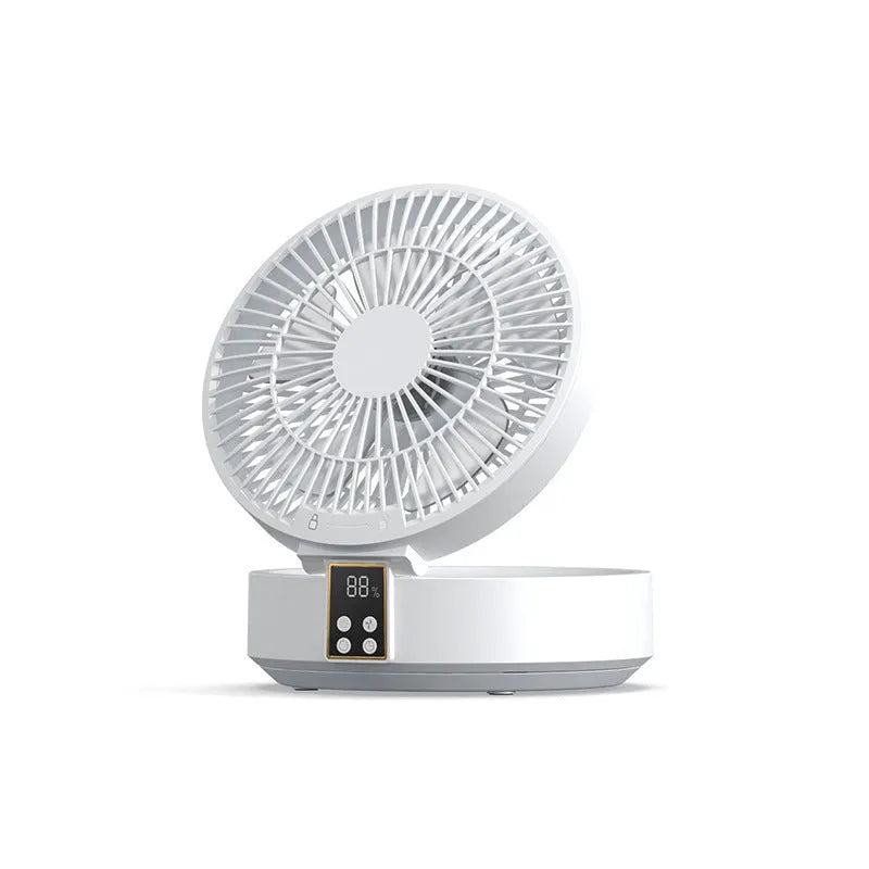 White portable rechargeable folding fan with remote control and night light shown in desktop and wall-mounted positions