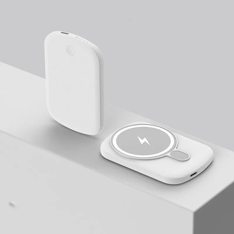 Magsafe magnetic wireless power bank in Barbie Pink, showing slim design and dimensions.