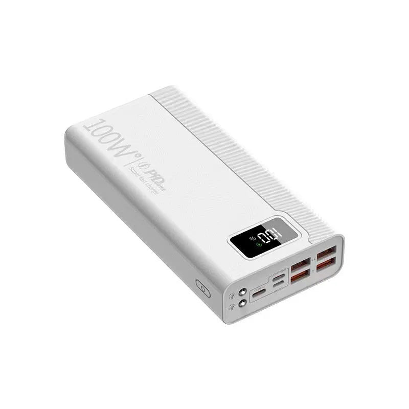 Large capacity power bank in black or white plastic case with dimensions 150×76mm