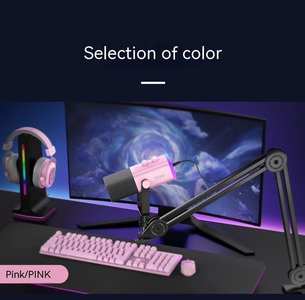 Dynamic noise reduction condenser microphone in black, pink, or white with XLR cable and adjustable desktop bracket.