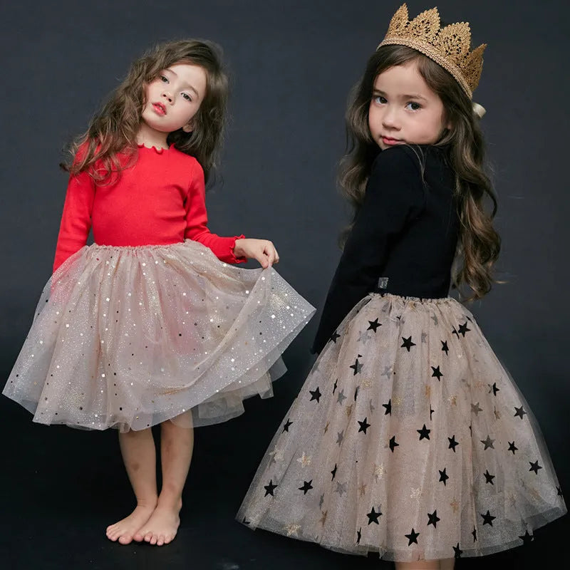 Children's red cotton Christmas princess dress with long sleeves, lace trim, and embroidered star details.