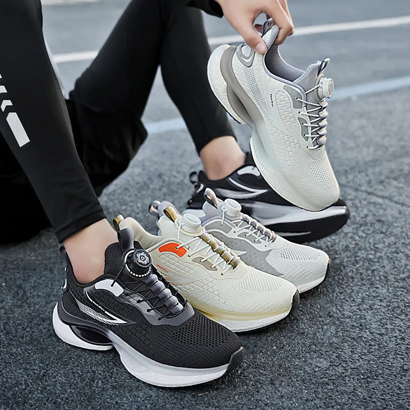 Men's beige Korean style running shoes with rotating button closure on a grey background.