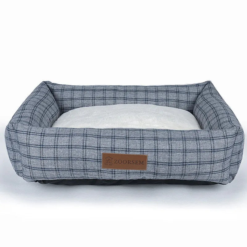 Square linen dog bed in brown plaid pattern showing four size options