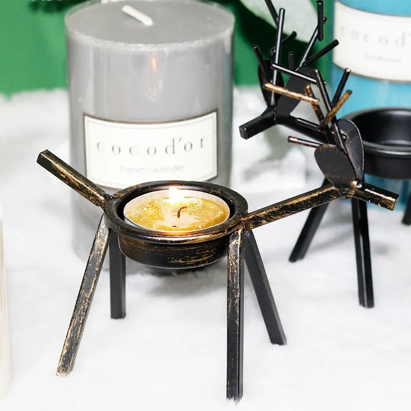 Black iron deer candlestick holder with elk bracket for Christmas candle decoration