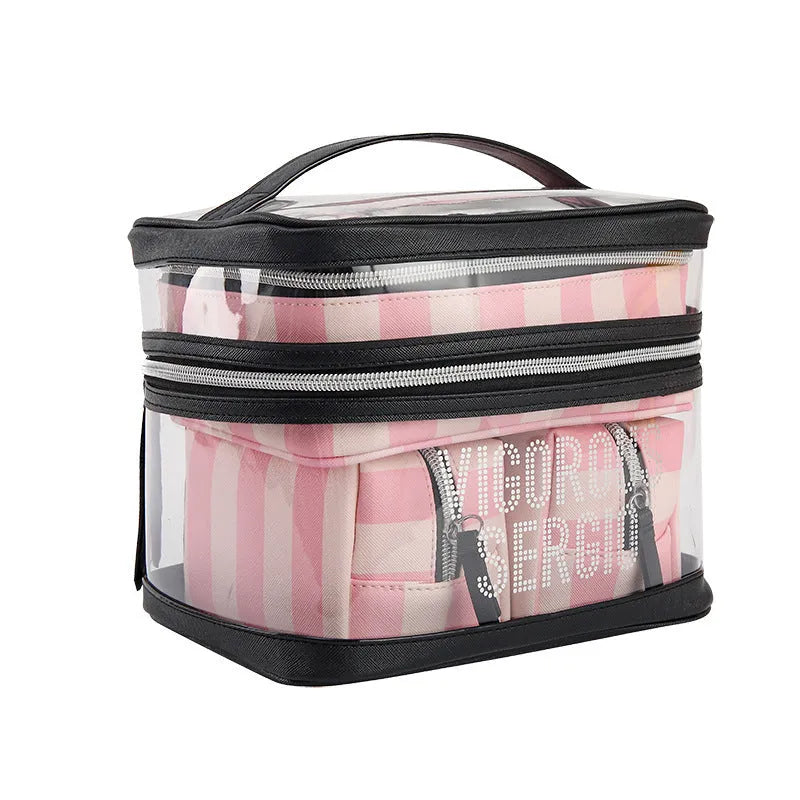 Buggy Bag multifunctional folding makeup kit in pink bold stripes with floral pattern
