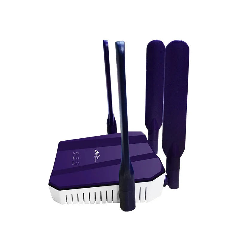 Blue dual-mode 4G router with four external antennas, showing front panel and ports.