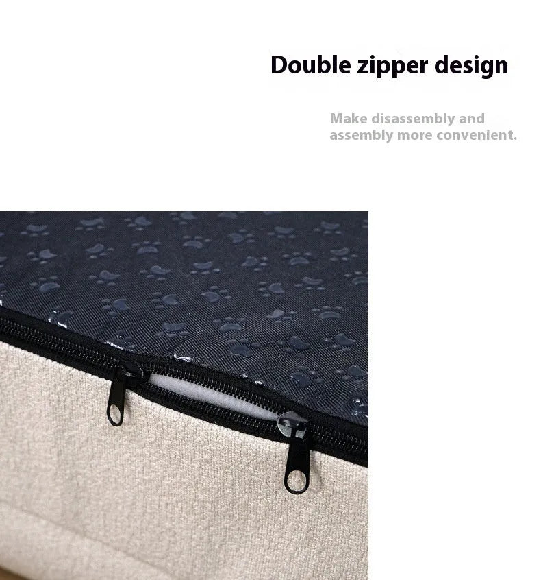Beige rectangular dog bed nest with raised edges, shown in S and M size options
