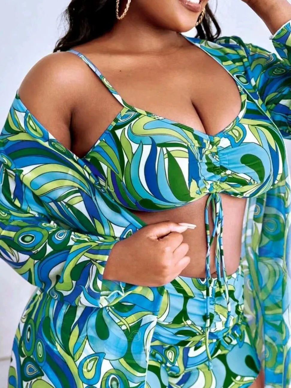 Women's floral patterned three-piece bikini set showing bra, shorts, and cardigan in plus sizes