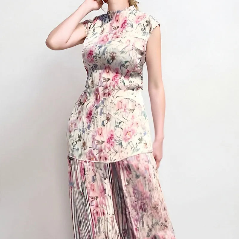 Women's printed chiffon two-piece dress set with long sleeves and high waist skirt in picture colour