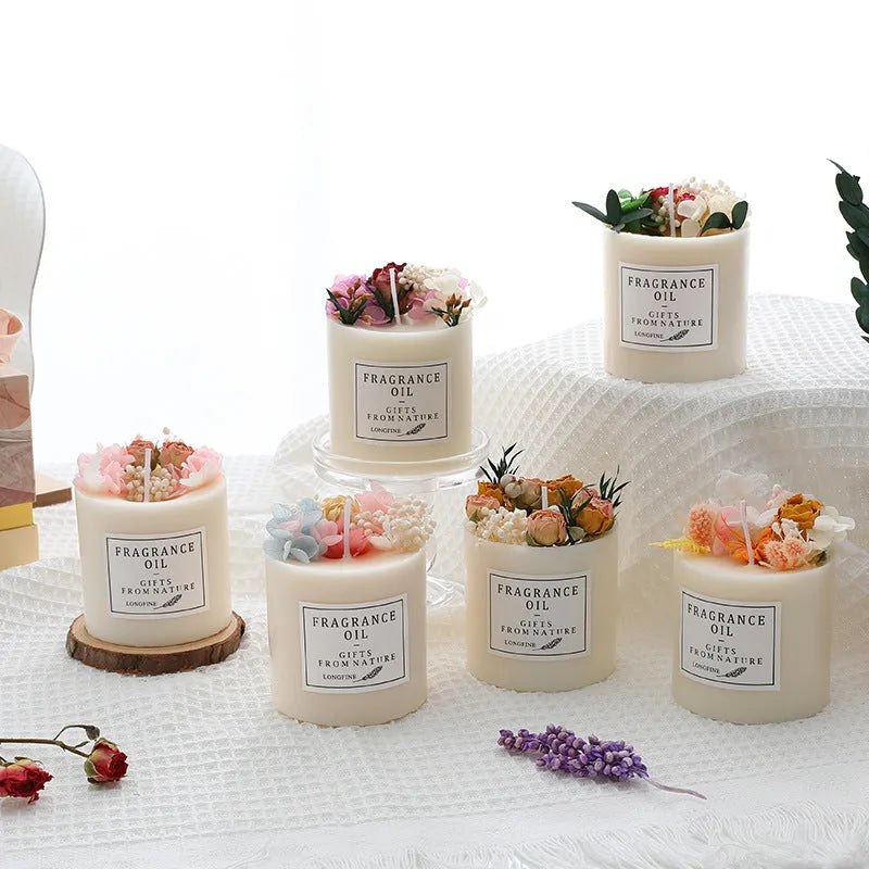 Dried flower romantic scented candle in gift box with chip wood base.