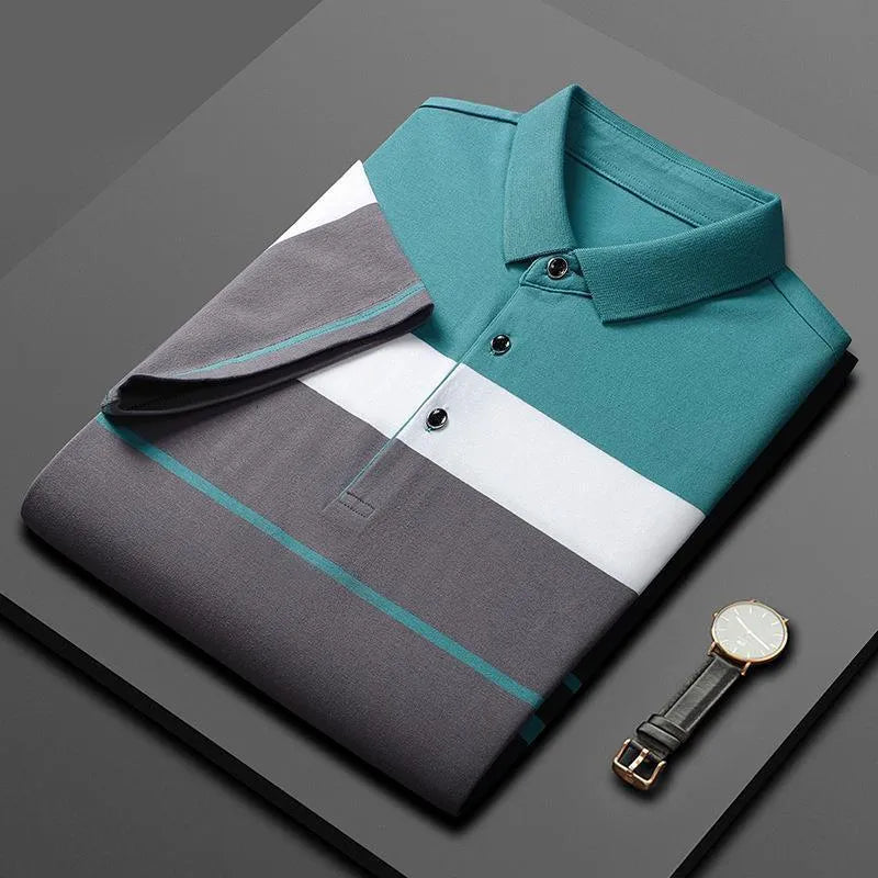 Men's combed cotton striped stitching polo shirt light business style in medium apricot regular fit