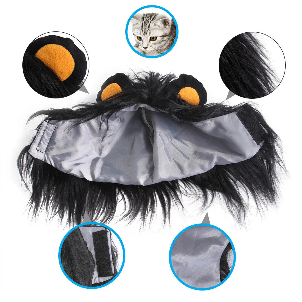 Black and white lion headgear wig hats for cats in three different sizes