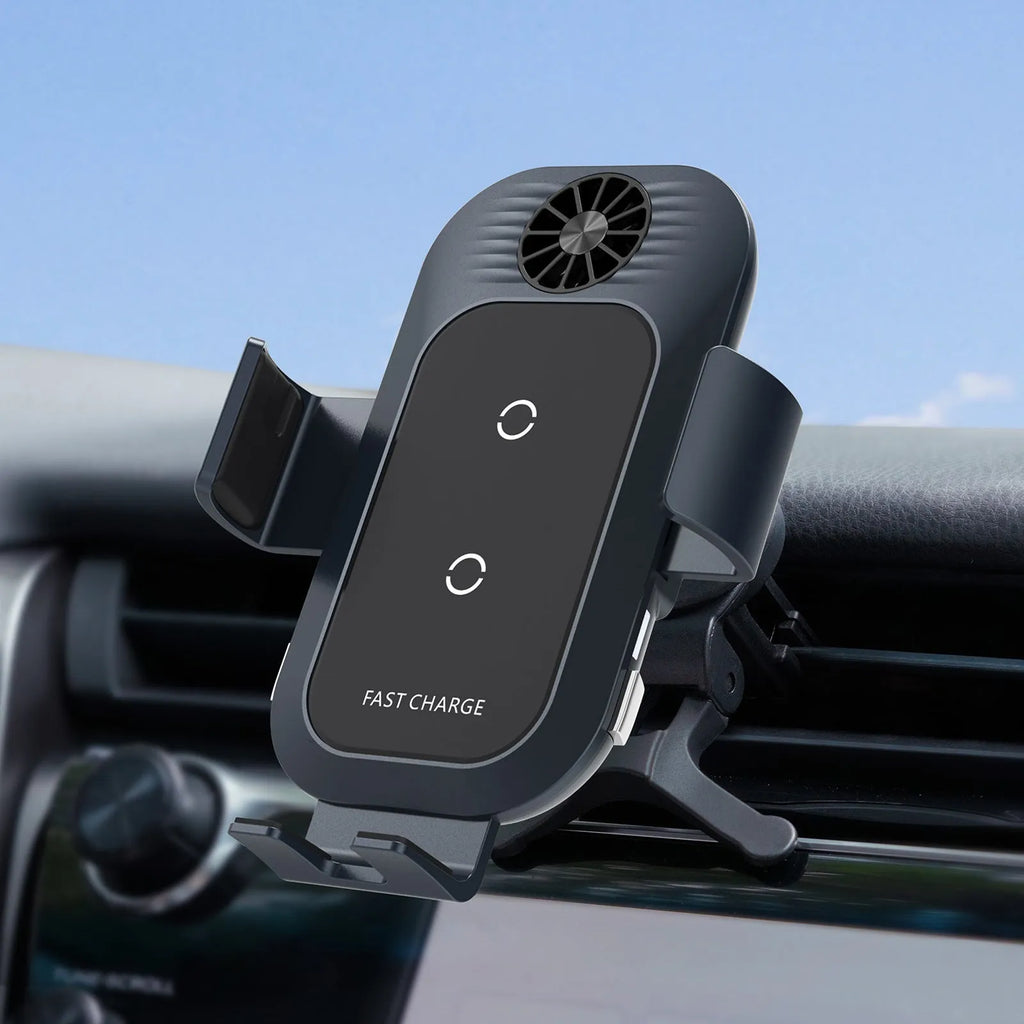 C35 colour car wireless phone charger holder mounted on an air vent, showing automatic clamping arms.