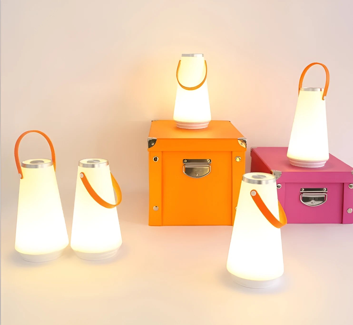 White USB rechargeable LED bedside night light with touch control on a wooden table.