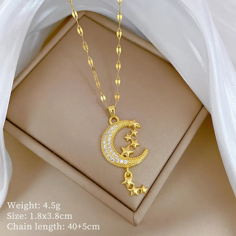 Moon tassel geometric necklace with copper pendant and stainless steel chain, full diamond style.
