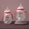 Wide caliber baby bottle with handle in gourd shape, available in blue, green, and red colours