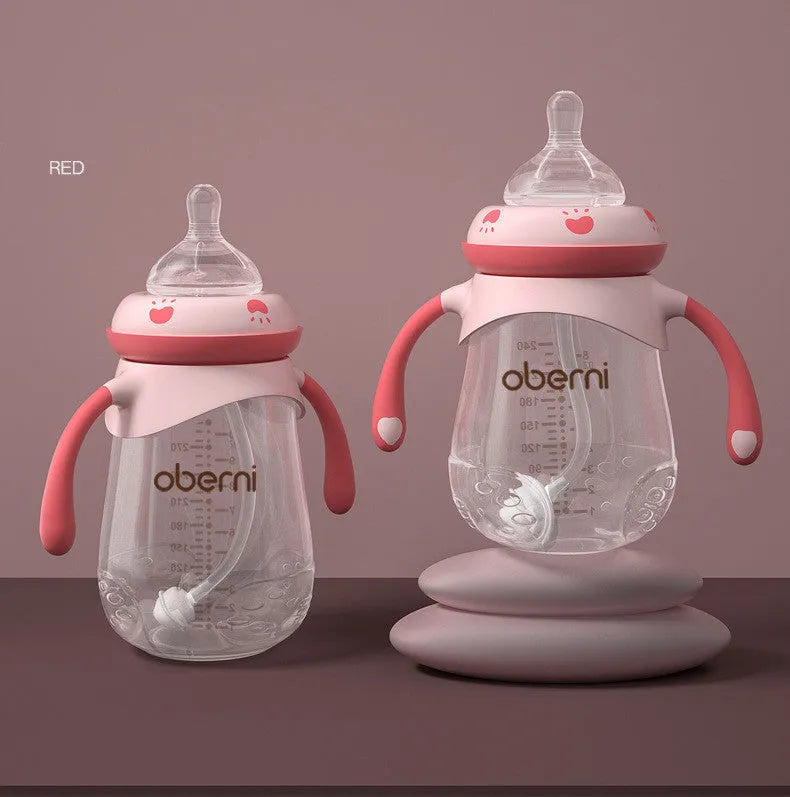 Wide caliber baby bottle with handle in gourd shape, available in blue, green, and red colours