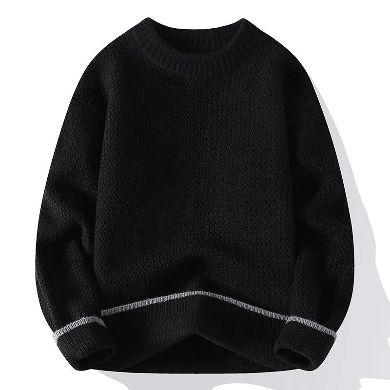 A grey men's loose-fit round neck long sleeve pullover sweater on a hanger.